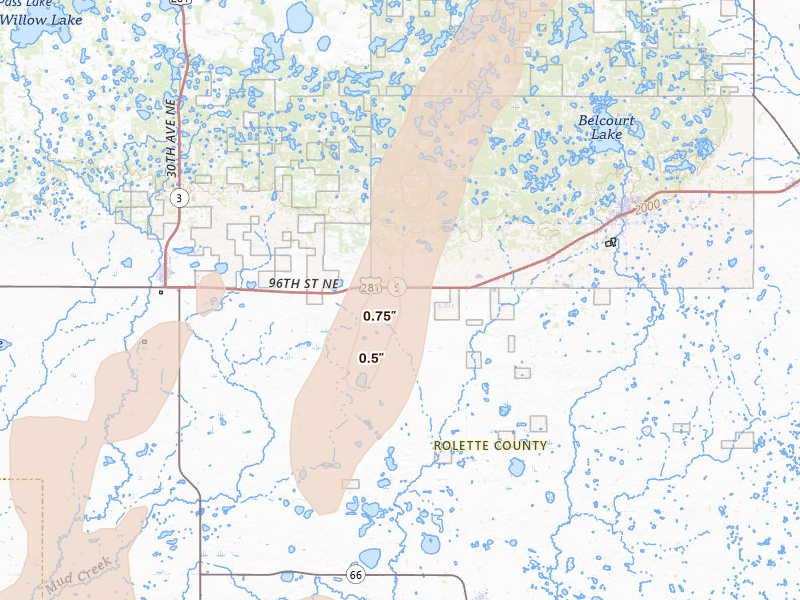 Radar-estimated hail-size map of the storm over Belcourt, ND