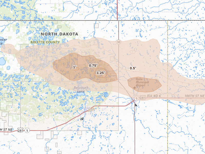 Radar-estimated hail-size map of the storm over Belcourt, ND