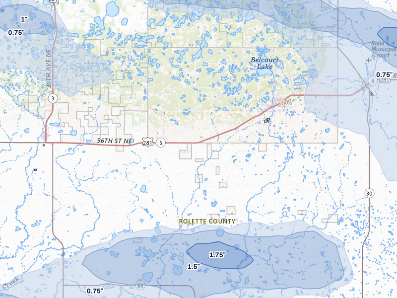 NEXRAD radar-signature map of the hail storm over Belcourt, ND on Sep 5, 2026