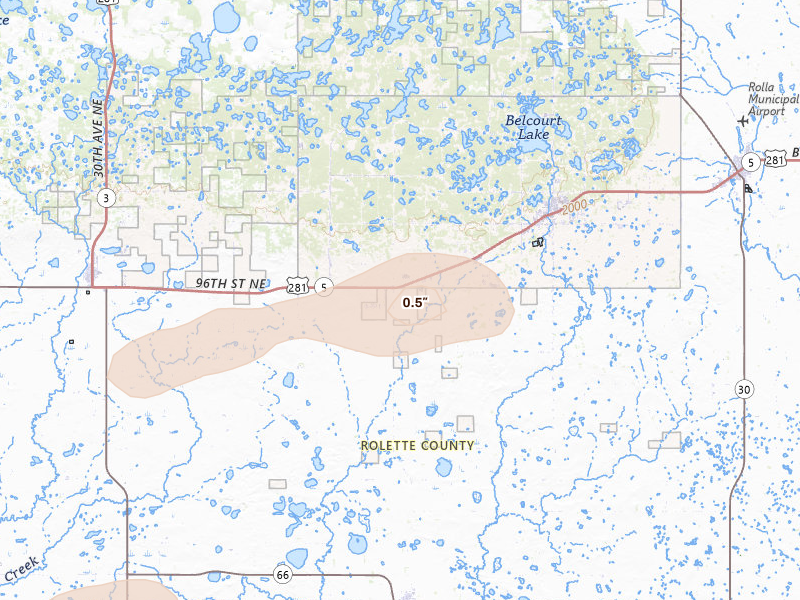 Radar-estimated hail-size map of the storm over Belcourt, ND