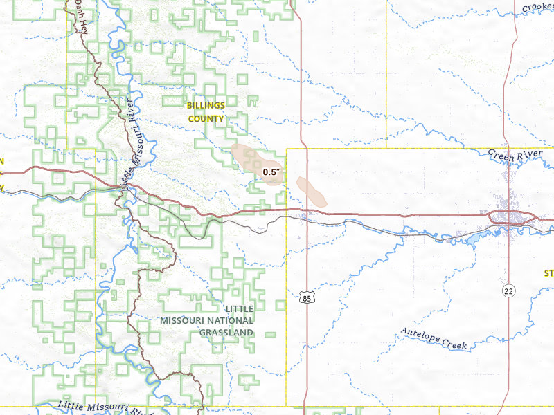 Radar-estimated hail-size map of the storm over Belfield, ND on May 30, 2026