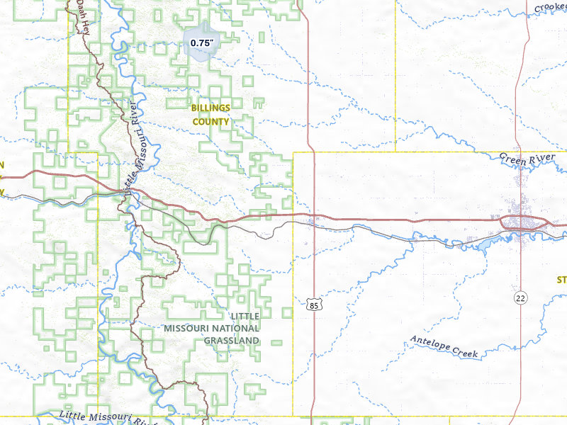 NEXRAD radar-signature map of the hail storm over Belfield, ND on May 30, 2026