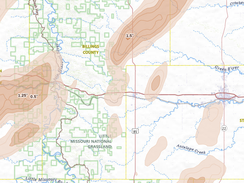Radar-estimated hail-size map of the storm over Belfield, ND on Jun 7, 2026