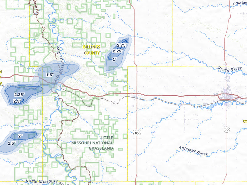 NEXRAD radar-signature map of the hail storm over Belfield, ND on Jun 7, 2026