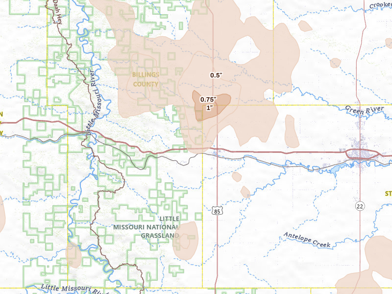 Radar-estimated hail-size map of the storm over Belfield, ND on Jun 27, 2026