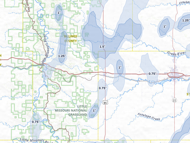 NEXRAD radar-signature map of the hail storm over Belfield, ND on Jun 27, 2026