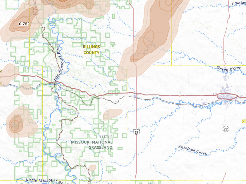 Radar-estimated hail-size map of the storm over Belfield, ND on Jul 2, 2026