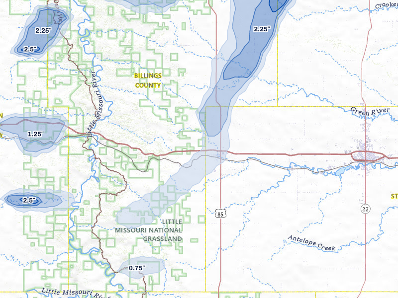 NEXRAD radar-signature map of the hail over Belfield, ND