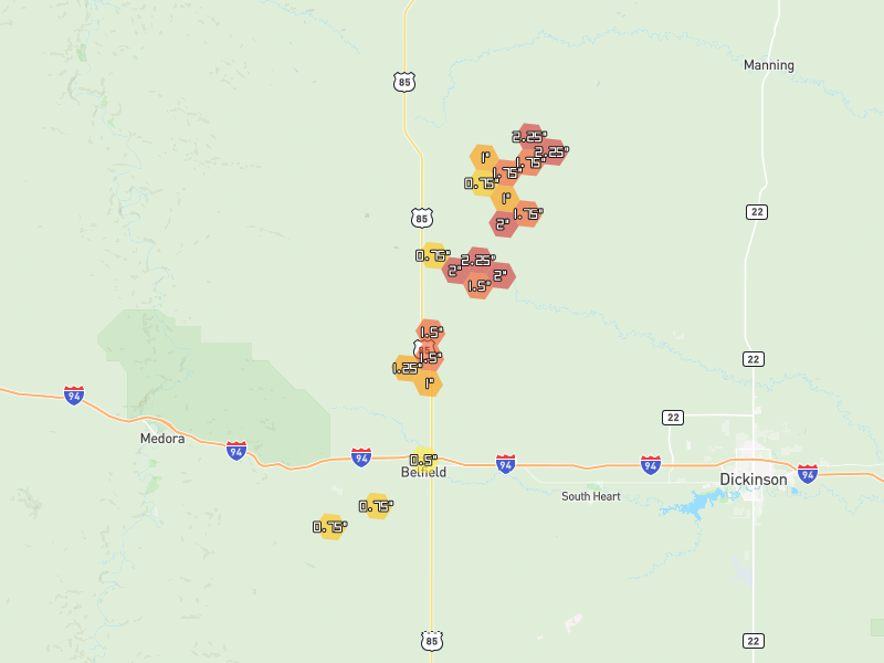 Hail map of Belfield, ND on Jul 3, 2026, hail up to 2.25"