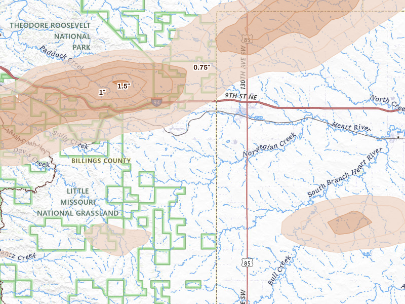Radar-estimated hail-size map of the storm over Belfield, ND on Aug 11, 2026
