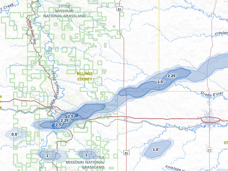 NEXRAD radar-signature map of the hail storm over Belfield, ND on Aug 11, 2026