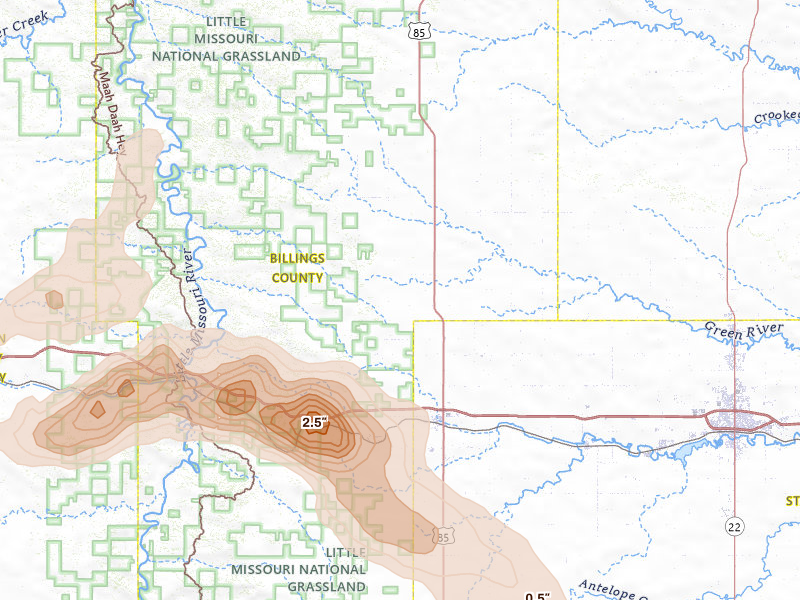 Radar-estimated hail-size map of the storm over Belfield, ND on Aug 23, 2026