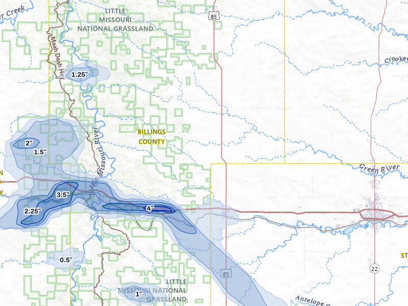 NEXRAD radar-signature map of the hail storm over Belfield, ND on Aug 23, 2026