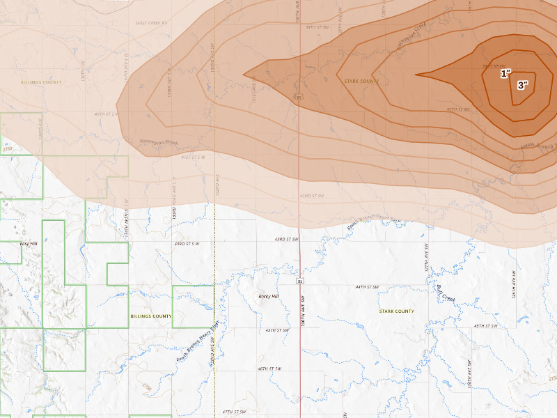 Radar-estimated hail-size map of the storm over Belfield, ND on Sep 23, 2026