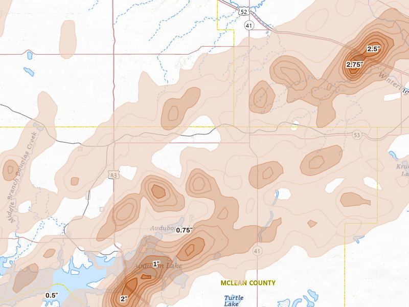 Radar-estimated hail-size map of the storm over Benedict, ND on Jun 28, 2026