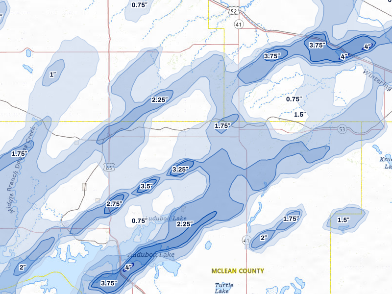 NEXRAD radar-signature map of the hail storm over Benedict, ND on Jun 28, 2026