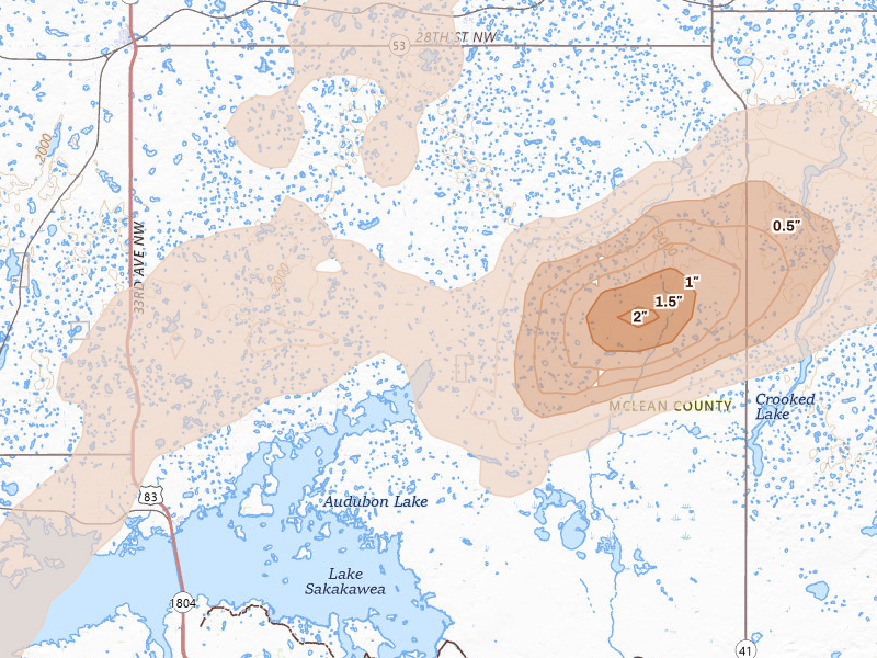 Radar-estimated hail-size map of the storm over Benedict, ND