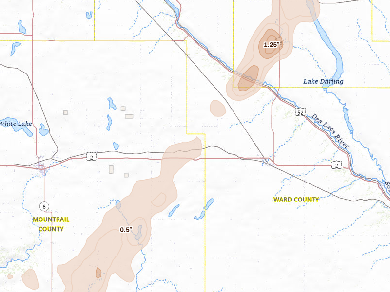 Radar-estimated hail-size map of the storm over Berthold, ND on Jun 6, 2026