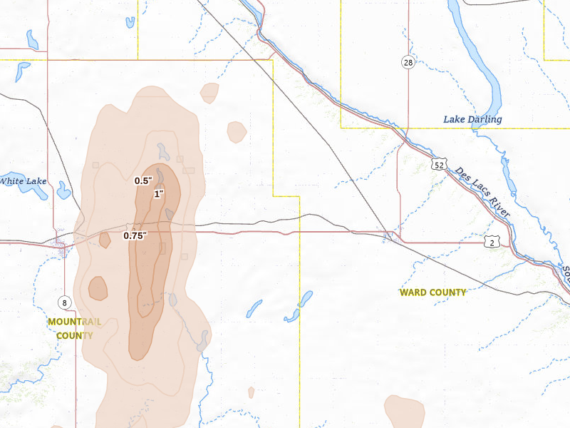Radar-estimated hail-size map of the storm over Berthold, ND on Jun 7, 2026
