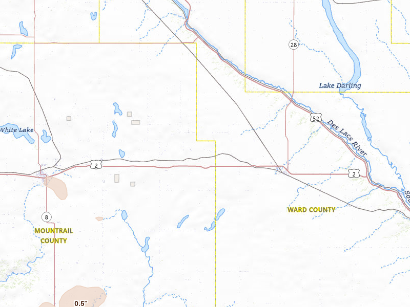 Radar-estimated hail-size map of the storm over Berthold, ND on Jun 27, 2026