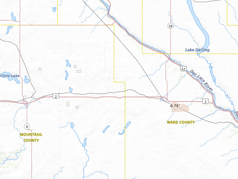 Radar-estimated hail-size map of the storm over Berthold, ND on Jul 12, 2026