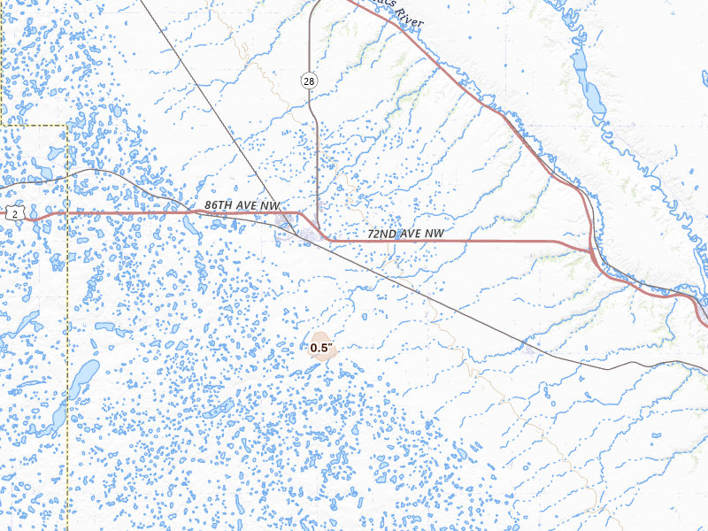 Radar-estimated hail-size map of the storm over Berthold, ND on Aug 9, 2026