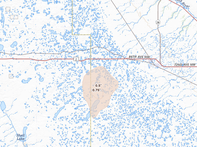 Radar-estimated hail-size map of the storm over Berthold, ND on Aug 23, 2026