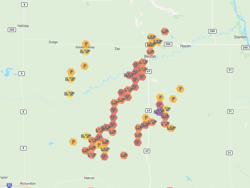 Hail map of Beulah, ND on Jun 9, 2026, hail up to 2.75"
