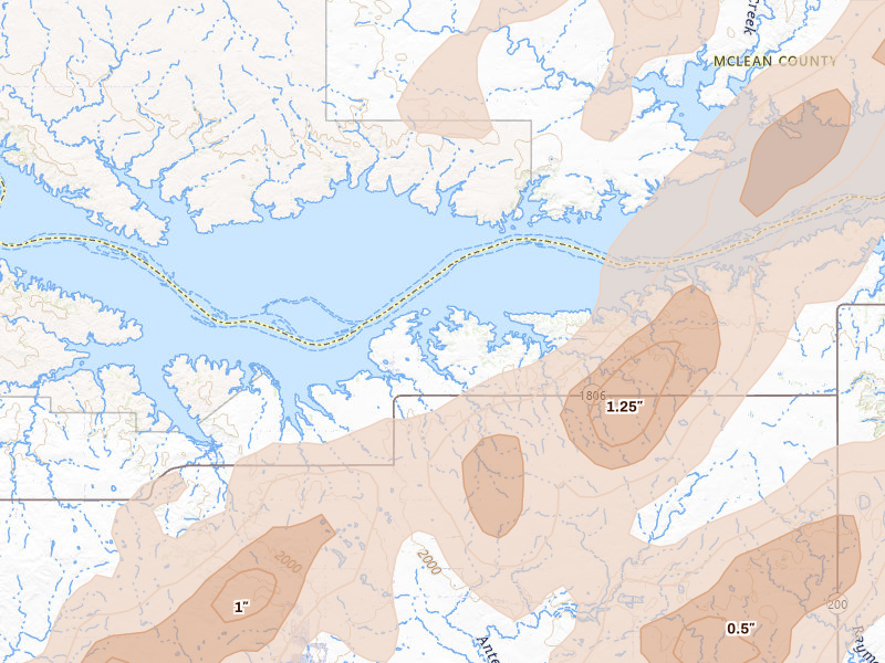 Radar-estimated hail-size map of the storm over Beulah, ND on Jun 28, 2026
