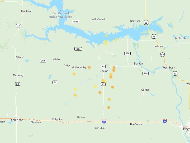 Hail map of Beulah, ND on Jun 28, 2026, hail up to 1.25"