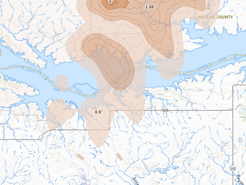 Radar-estimated hail-size map of the storm over Beulah, ND on Jun 29, 2026