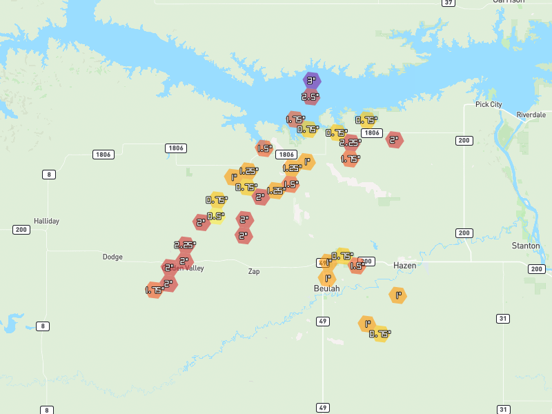 Hail map of Beulah, ND on Jun 29, 2026, hail up to 3"