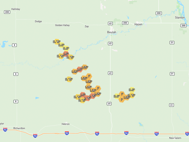 Hail map of Beulah, ND on Jul 3, 2026, hail up to 1.75"
