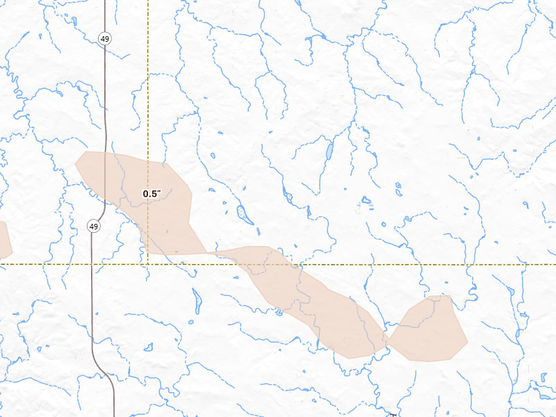 Radar-estimated hail-size map of the storm over Beulah, ND on Jul 18, 2026