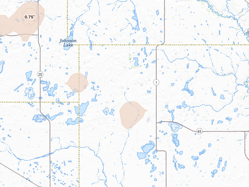 Radar-estimated hail-size map of the storm over Binford, ND on Jul 30, 2026