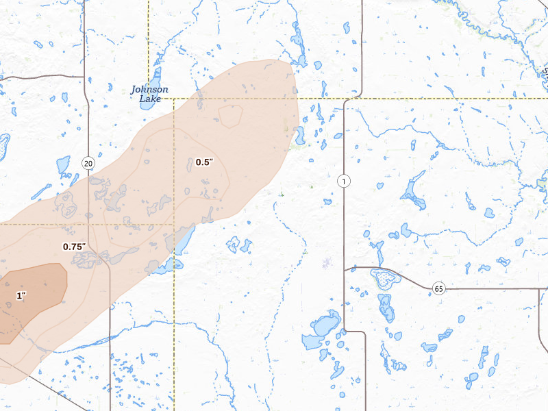 Radar-estimated hail-size map of the storm over Binford, ND on Aug 24, 2026
