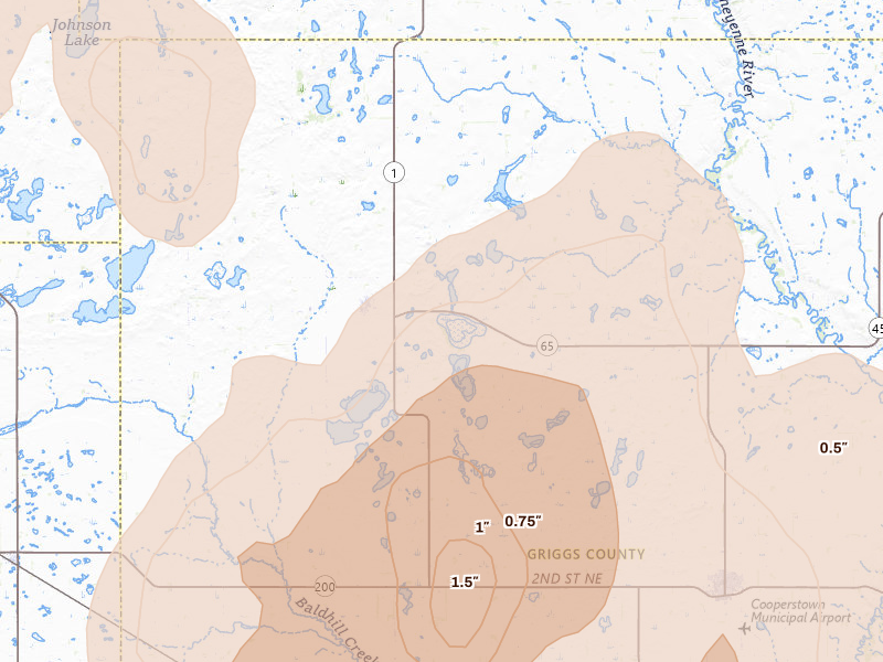 Radar-estimated hail-size map of the storm over Binford, ND on Sep 3, 2026
