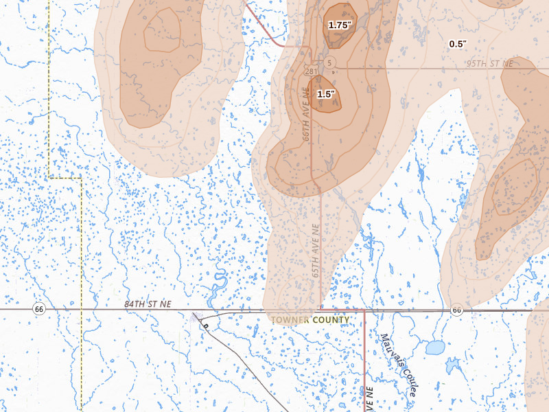 Radar-estimated hail-size map of the storm over Bisbee, ND on Jun 2, 2026