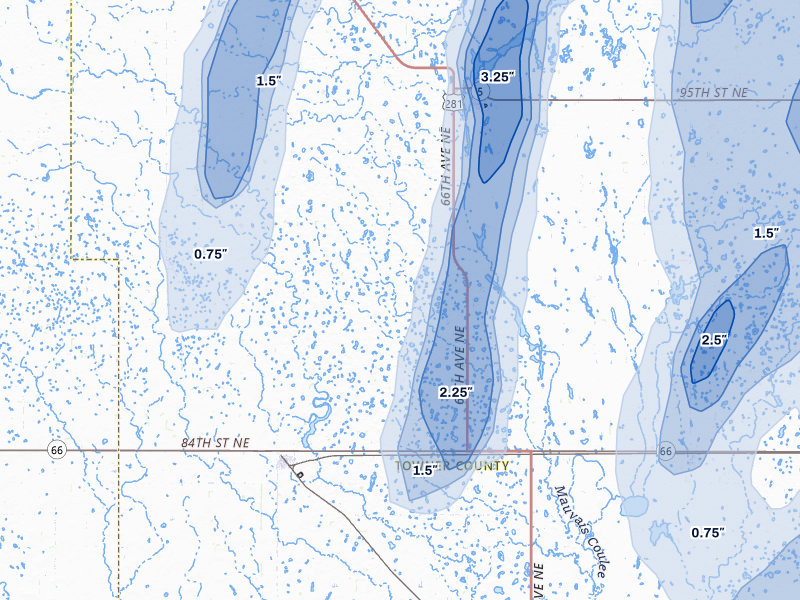 NEXRAD radar-signature map of the hail storm over Bisbee, ND on Jun 2, 2026