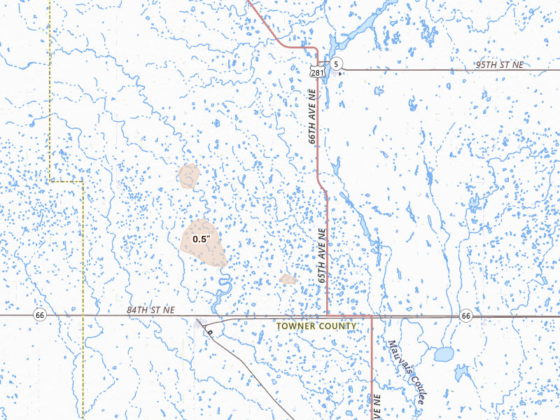 Radar-estimated hail-size map of the storm over Bisbee, ND on Jun 9, 2026