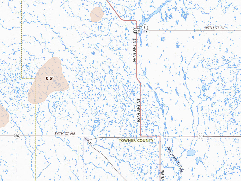 Radar-estimated hail-size map of the storm over Bisbee, ND on Jun 28, 2026