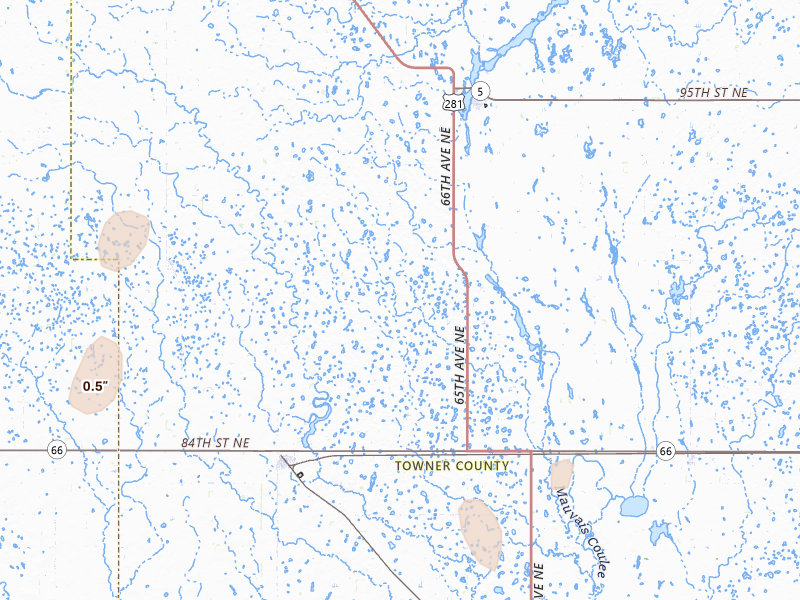 Radar-estimated hail-size map of the storm over Bisbee, ND on Jun 29, 2026