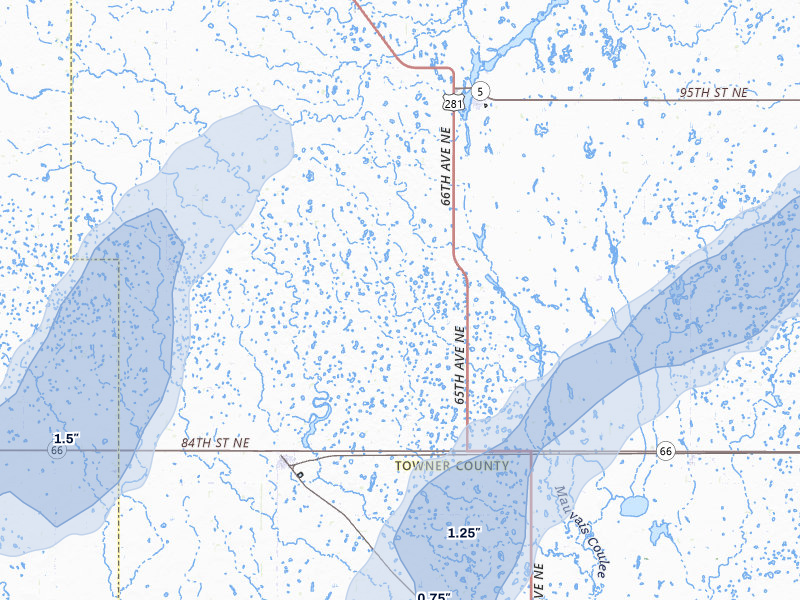 NEXRAD radar-signature map of the hail storm over Bisbee, ND on Jun 29, 2026