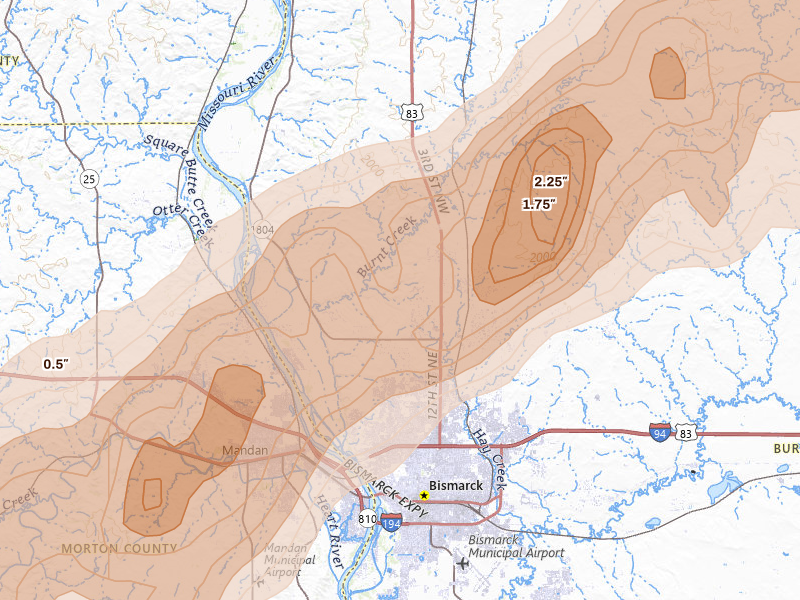 Radar-estimated hail-size map of the storm over Bismarck, ND on Jun 29, 2026