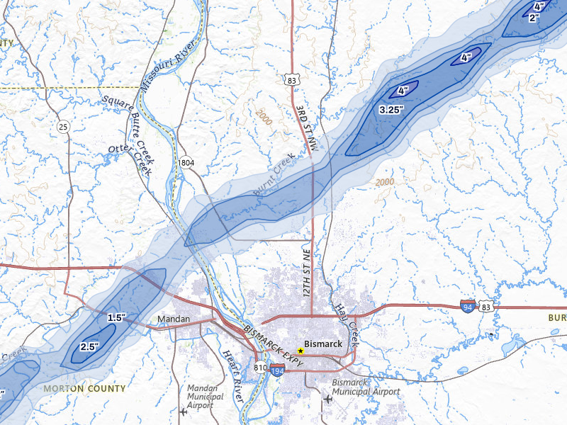 NEXRAD radar-signature map of the hail storm over Bismarck, ND on Jun 29, 2026
