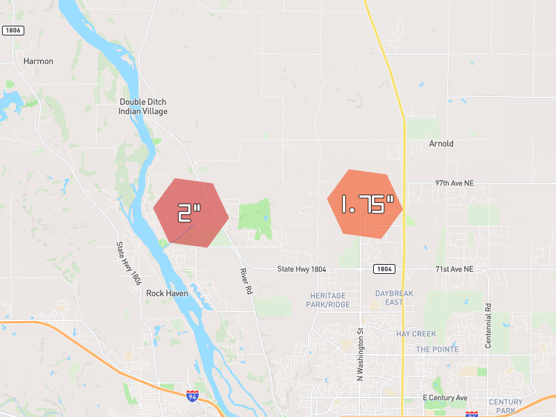 Hail map of Bismarck, ND on Jun 29, 2026, hail up to 2"