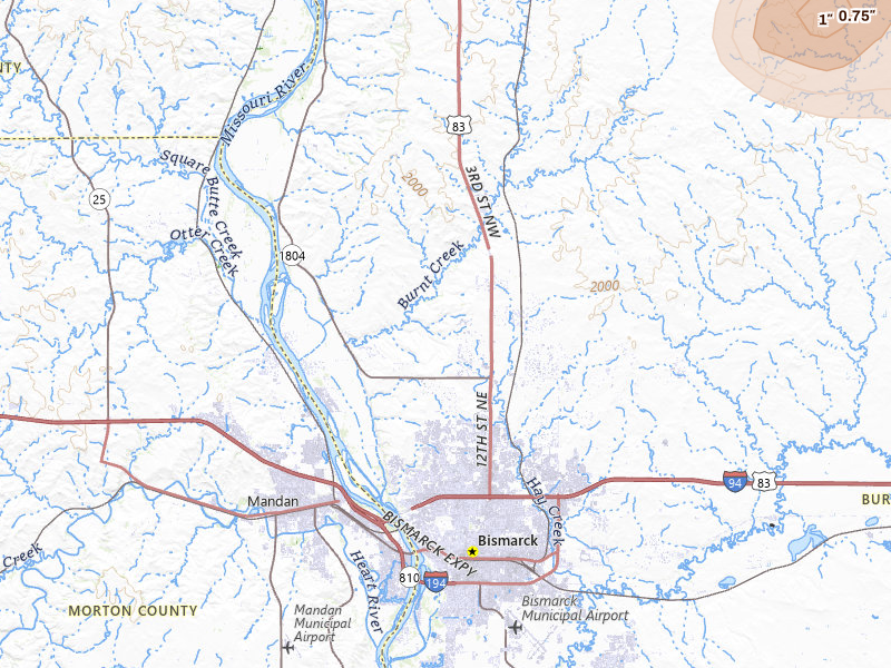Radar-estimated hail-size map of the storm over Bismarck, ND on Jul 9, 2026