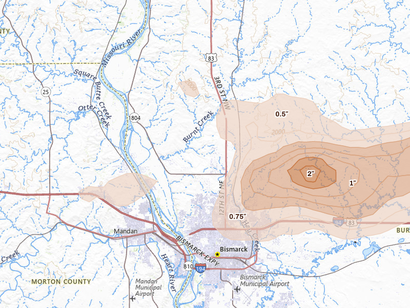 Radar-estimated hail-size map of the storm over Bismarck, ND on Jul 19, 2026