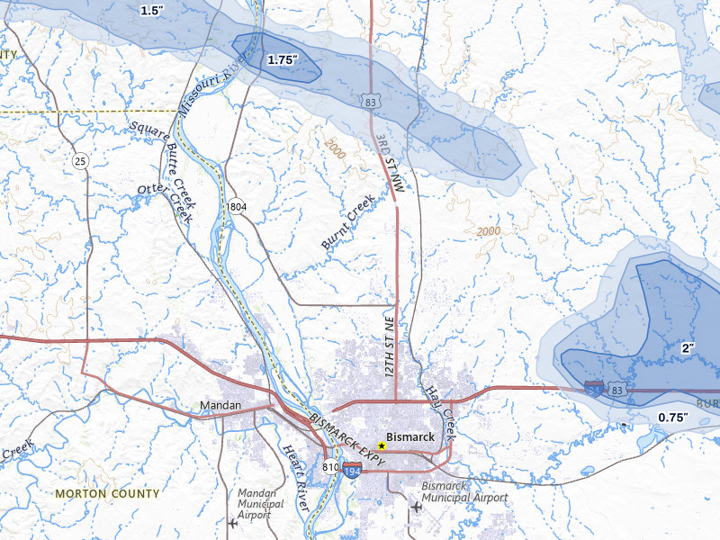 NEXRAD radar-signature map of the hail storm over Bismarck, ND on Jul 24, 2026