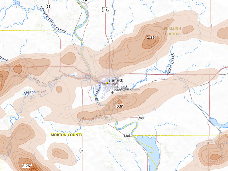 Radar-estimated hail-size map of the storm over Bismarck, ND on Aug 11, 2026